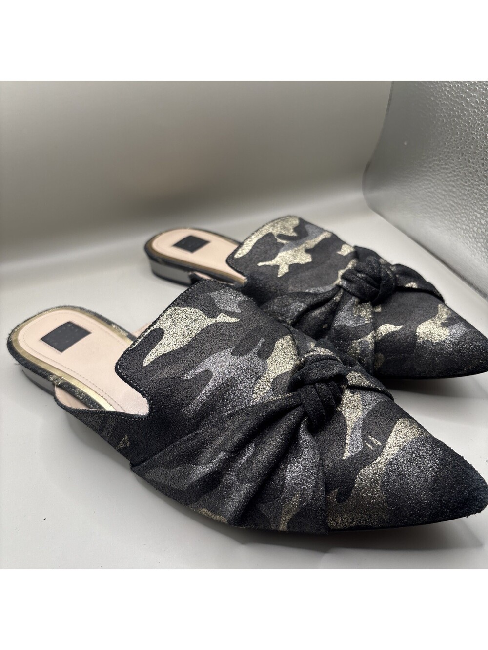 Black and Silver Camouflage Pointed Toe Knot Mules